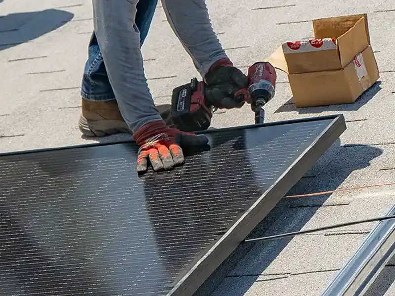 Installer securing a solar panel to a residential roof with a cordless drill