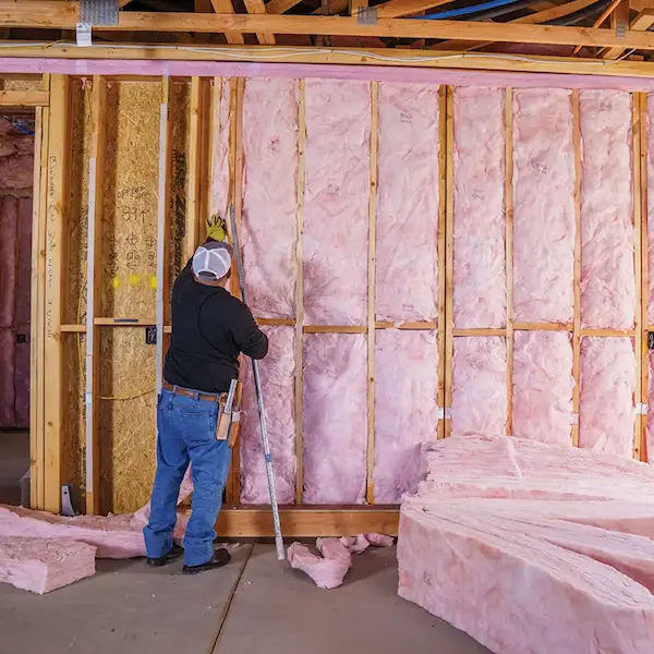 Close-up of Fiber Insulation being installed in a wall
