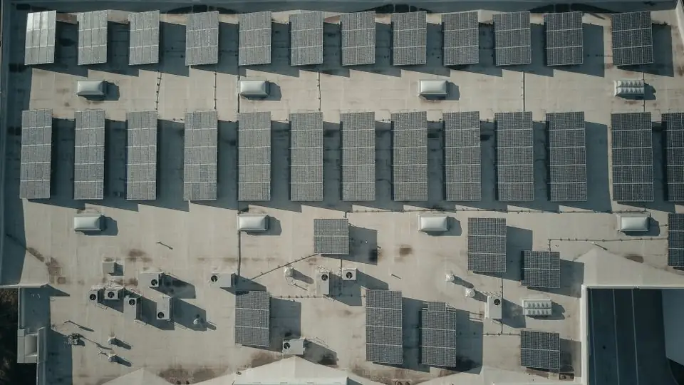 Aerial View of a Commercial Rooftop Solar Array
